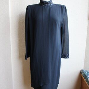 Vintage 80's Black Semi Formal NEW Classy Dress Beaded Collar and Cuffs 8